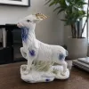 Porcelana blanca esmalte azul cuerno de oro cabras decoración del hogar sala de estar basalto artesanía details Picture